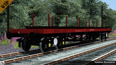 Fastline Simulation: This diagram BD006D BDA has a new design of bolster, considerably more ratchets for securing the load on each side and is finished in Railfreight flame red and grey livery.