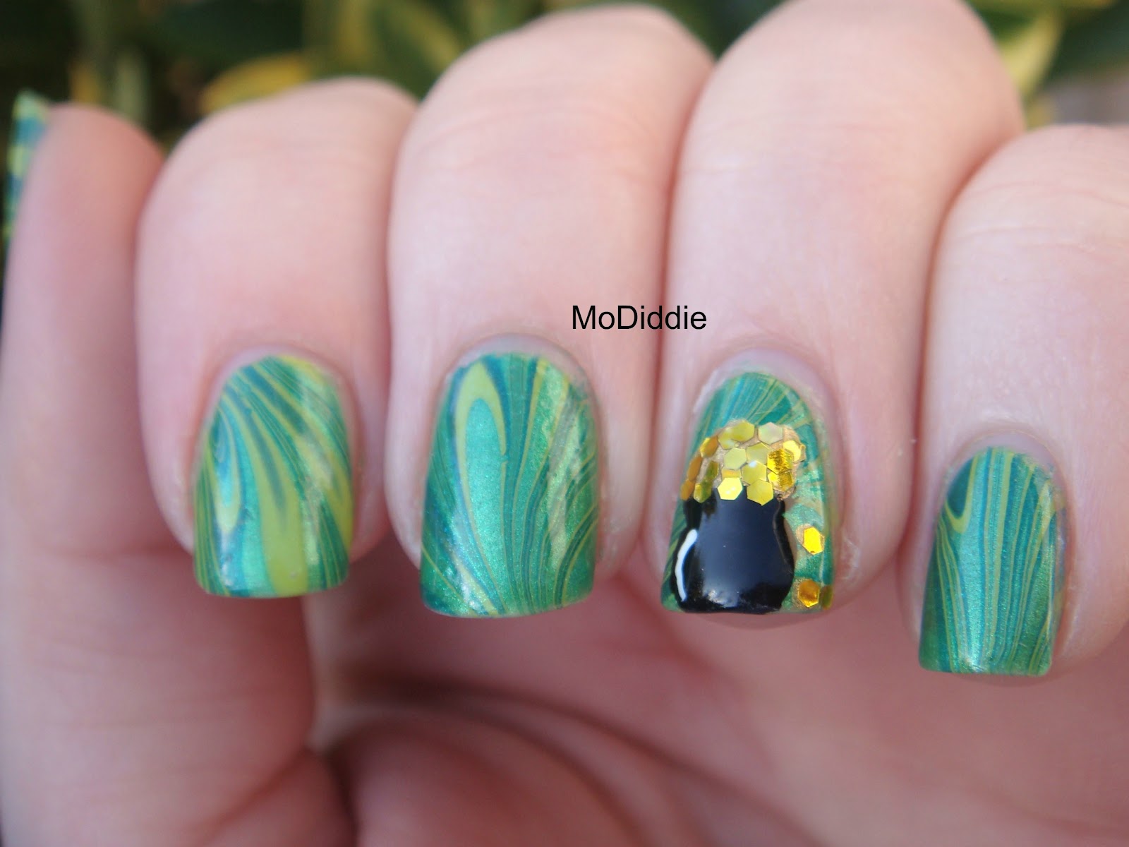 MoDiddie St.Patty's Day Pot Of Gold Water Marble Manicure!