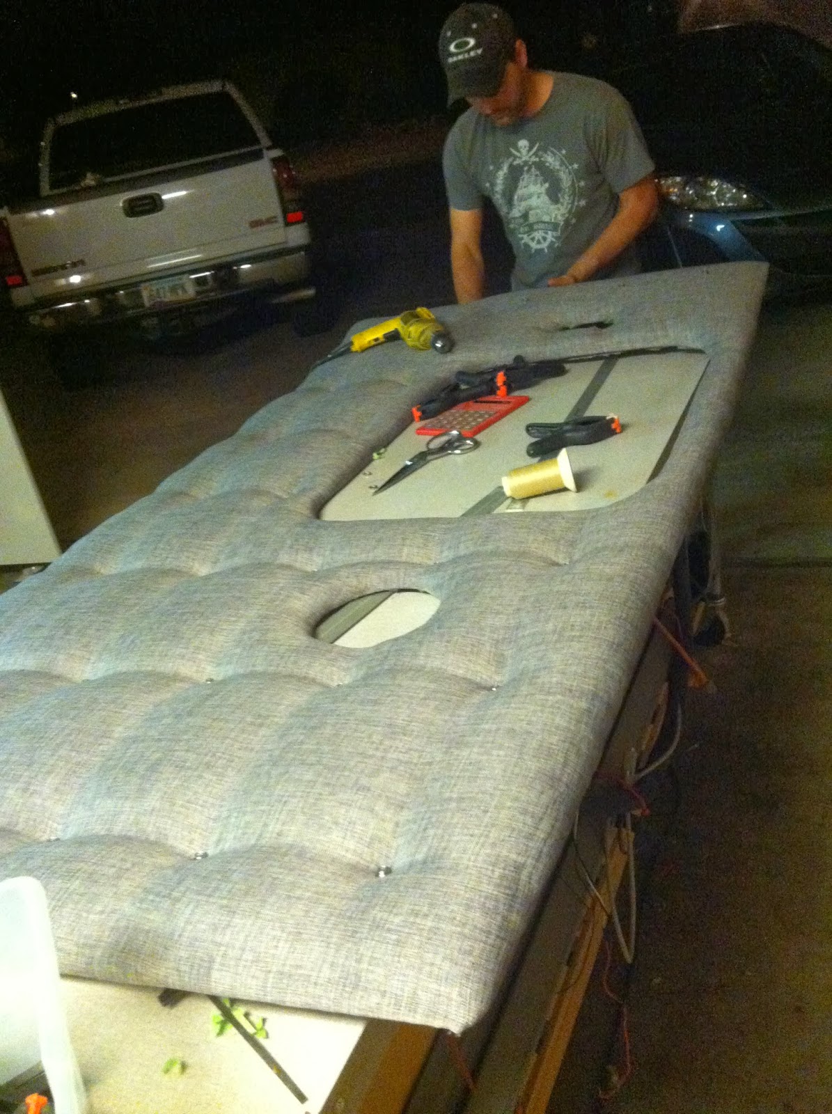 Airstream Renovation Airstream Tufted walls for the bedroom