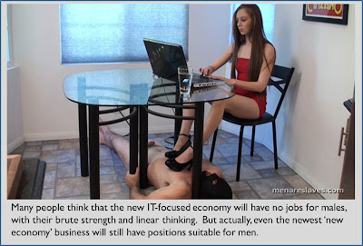 Femdom rests feet on captive male and does some useful work on the computer