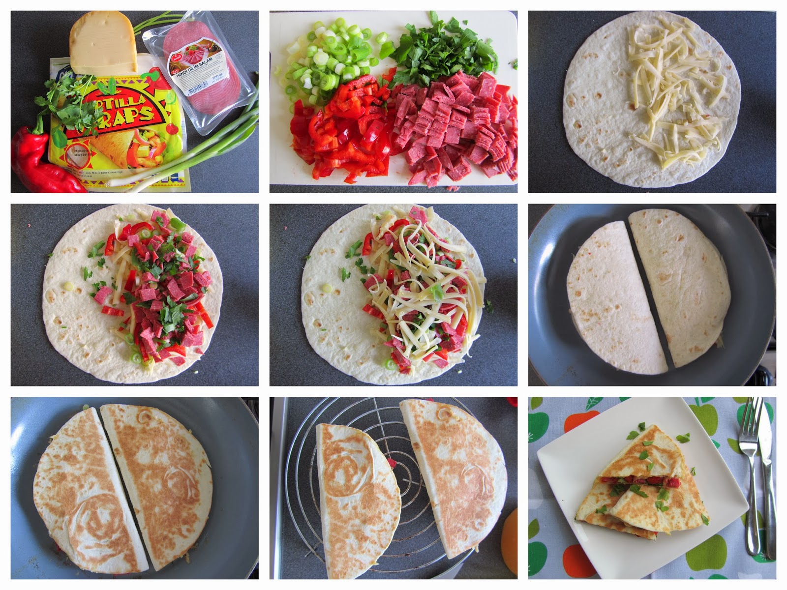 Mijn mixed kitchen Quesadilla met salami, bosui, puntpaprika en kaas