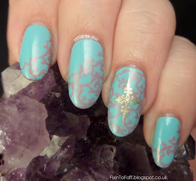 Mint with Coral Stamping nail art