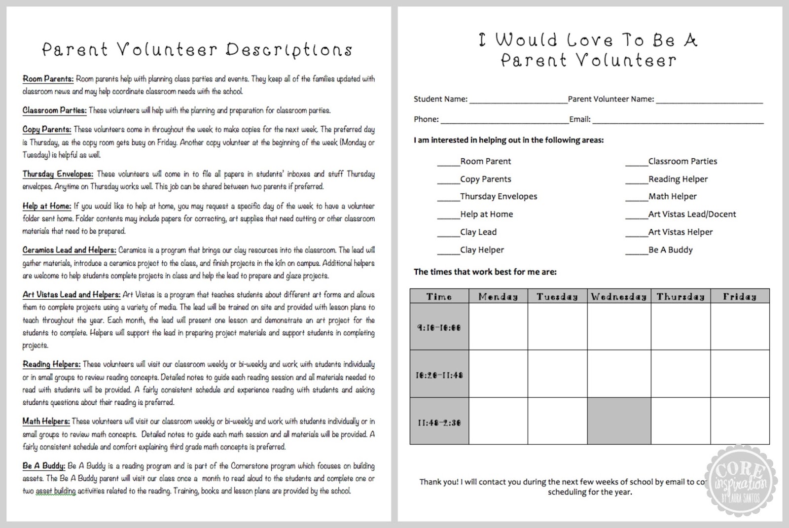 parent volunteer sign up sheets