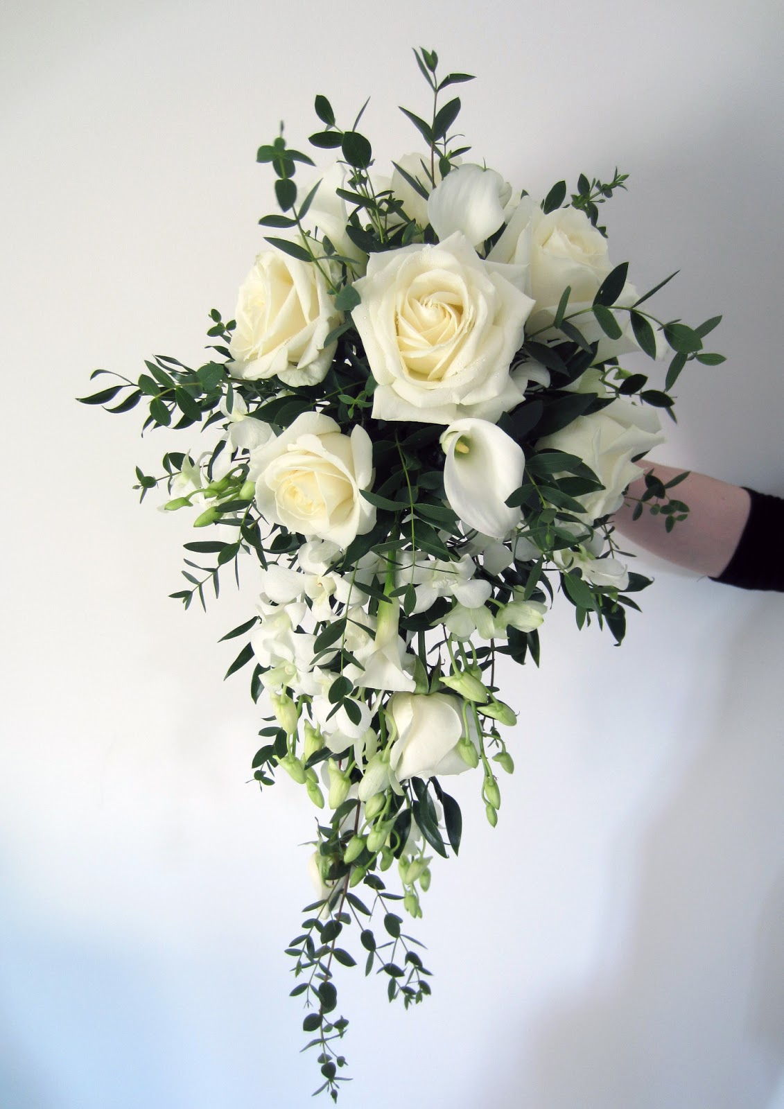 Heather Hartley Rose, calla and dendrobium orchid shower bouquet