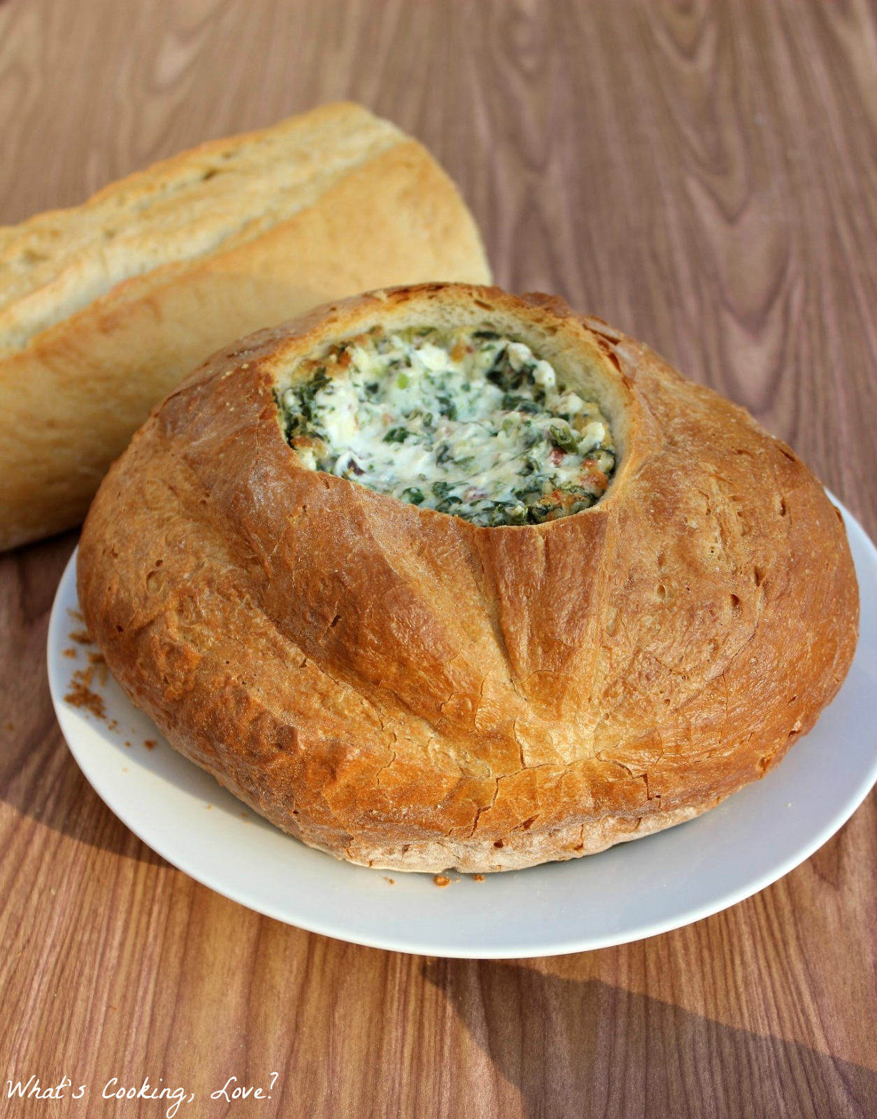 Spinach Bacon Dip in a Bread Bowl and Tyson Foods Bacon Pieces 
