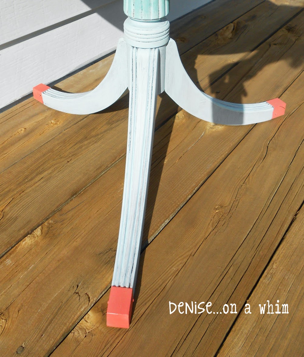 A touch of coral on the feet of a table makeover from Denise on a Whim