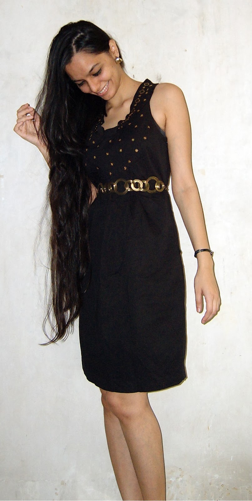 long black dress with gold accents