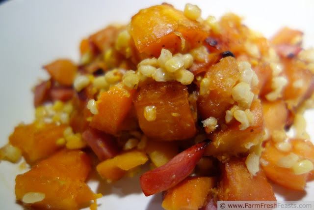 Roasted Acorn and Butternut Squash with Corn and Smoked Sausage