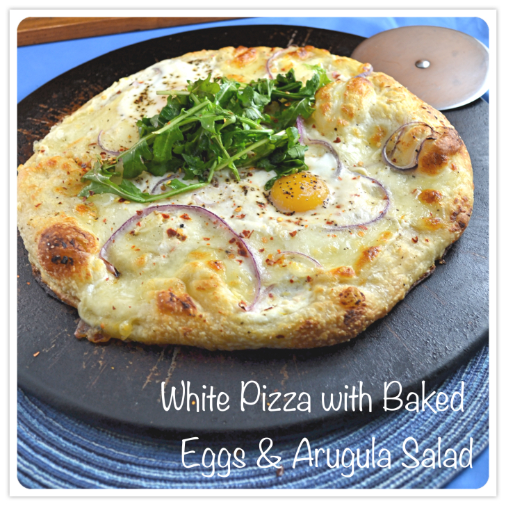 The Foodie Couple White Pizza with Baked Eggs & Arugula Salad