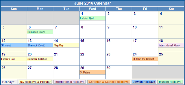 June 2016 Calendar with US Holidays Free, June 2016 Printable Calendar Cute Word Excel PDF Template Download Monthly, June 2016 Blank Calendar Weekly