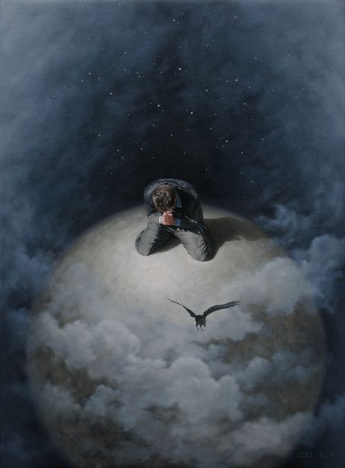 Joel Rea pintura hiper-realista surreal cães gigantes caindo céu Sonhando sonhos de uma oração Joel Rea pintura hiper-realista surreal cães gigantes caindo céu Sonhando sonhos de uma oração