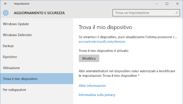 Windows 10 Update Trova il mio dispositivo