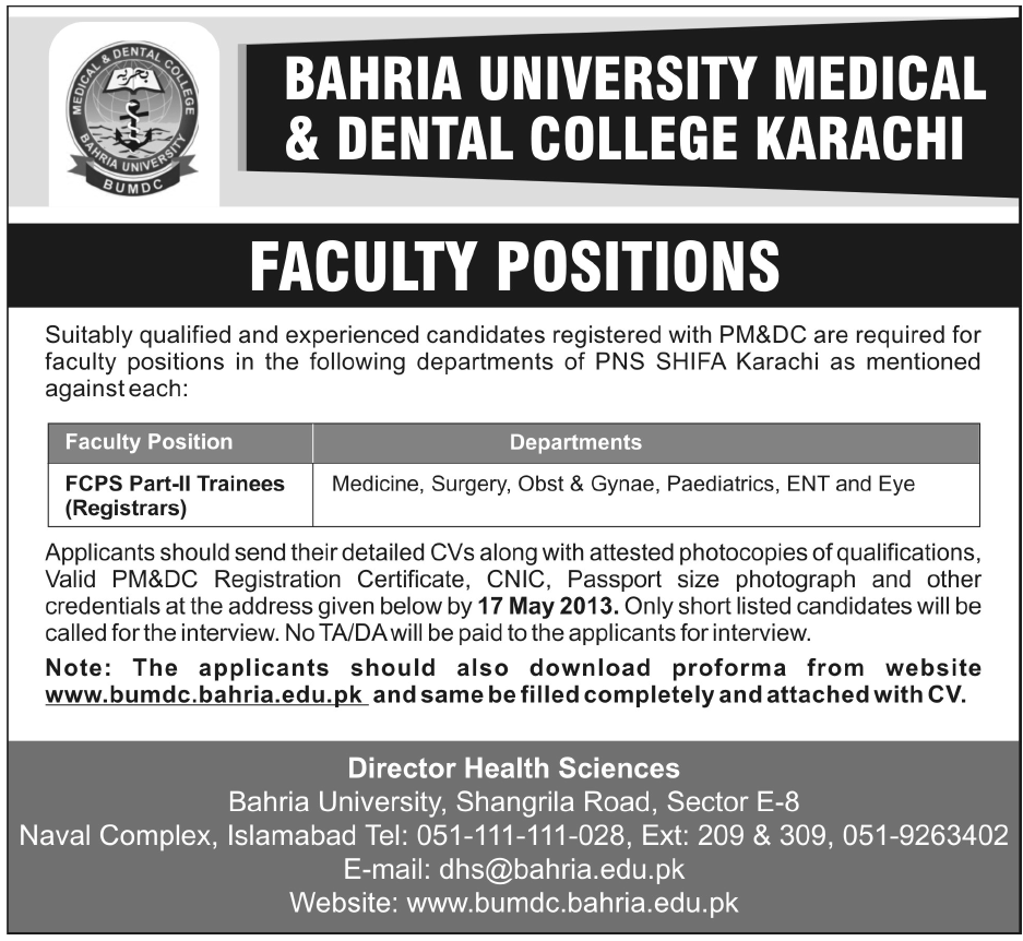 Bahria University Medical & Dental College Karachi Jobs Jobs in