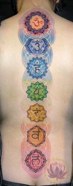 Colorful spiritual tattoo on full back