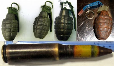 Left to Right - Top to Bottom - Three Inert Grenades (DEN), Inert Grenade (AUS), 20mm Round (SAN)