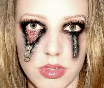 great halloween makeup, zippers underneath her eyes