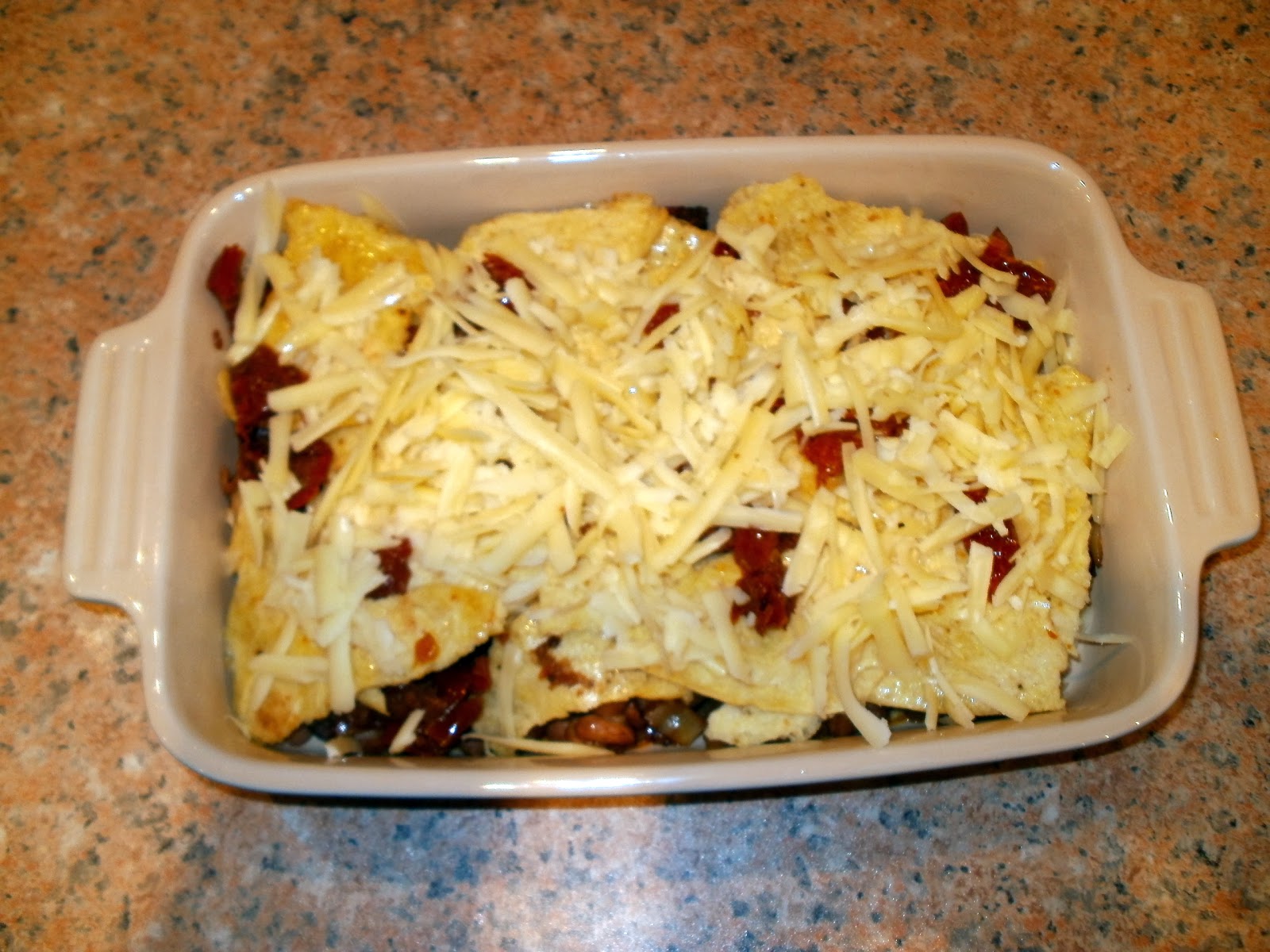 Onions and Paper Pinto Beans, Chorizo and Tortilla