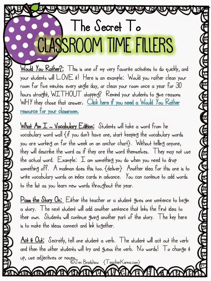 Classroom time fillers for your classroom.  TeacherKarma.com