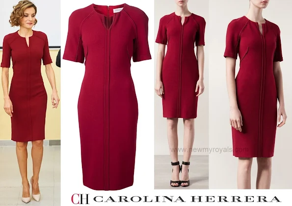The Queen wore Carolina Herrera Split Neck Dress in Red. Prada pump and Uterque Crocodile Effect Clutch Bag