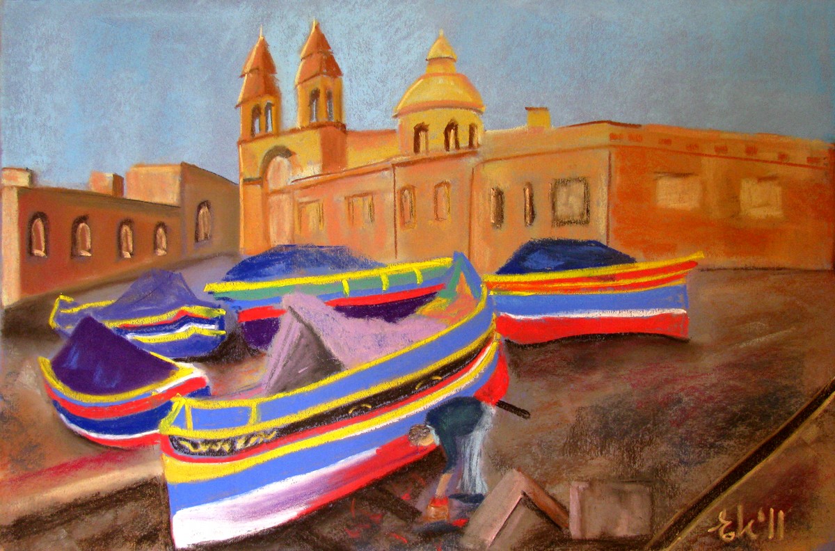 ART STEPPING STONES painting a luzzu boat in Malta