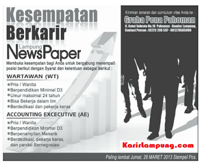 Lowongan Wartawan & Account Executive Lampung NewsPaper Terbaru 2013