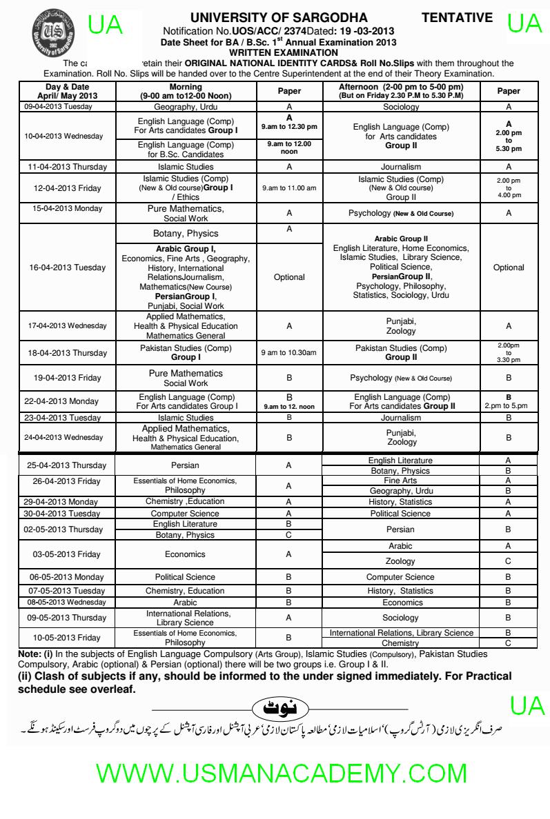 Sargodha University BA BSc Date Sheet 2020 UOS Download Private and Regular