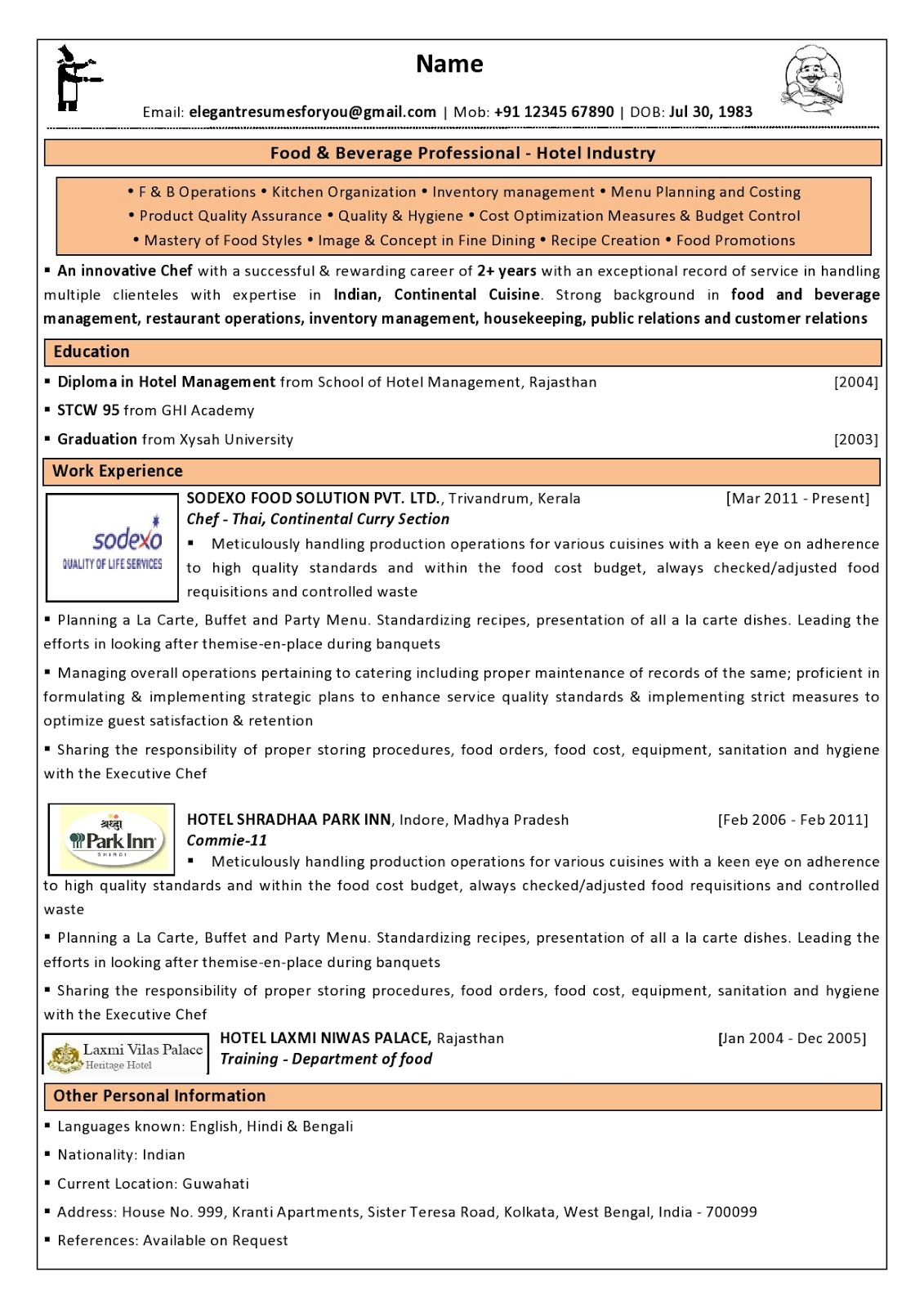 resume sample for chef