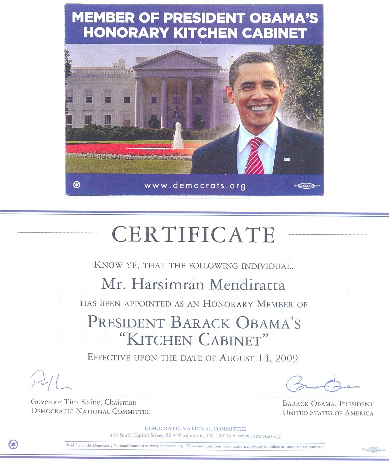 Shami Mendiratta President Obama Kitchen Cabinet Certificate