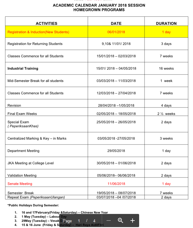 Academic Calendar Jan 2018