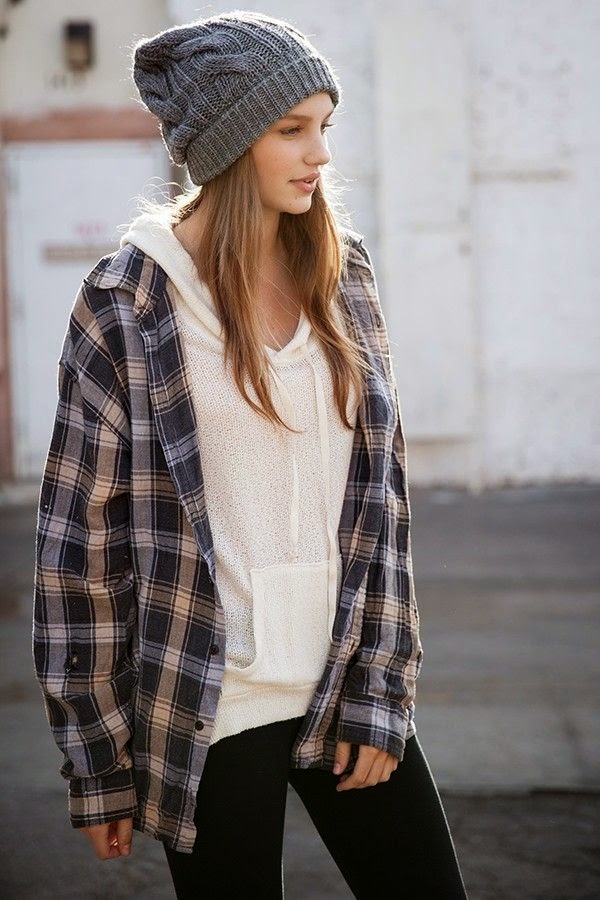 Fashion, Beauty And Style Adorable Flannel Shirt Over Hoodie With Beanie