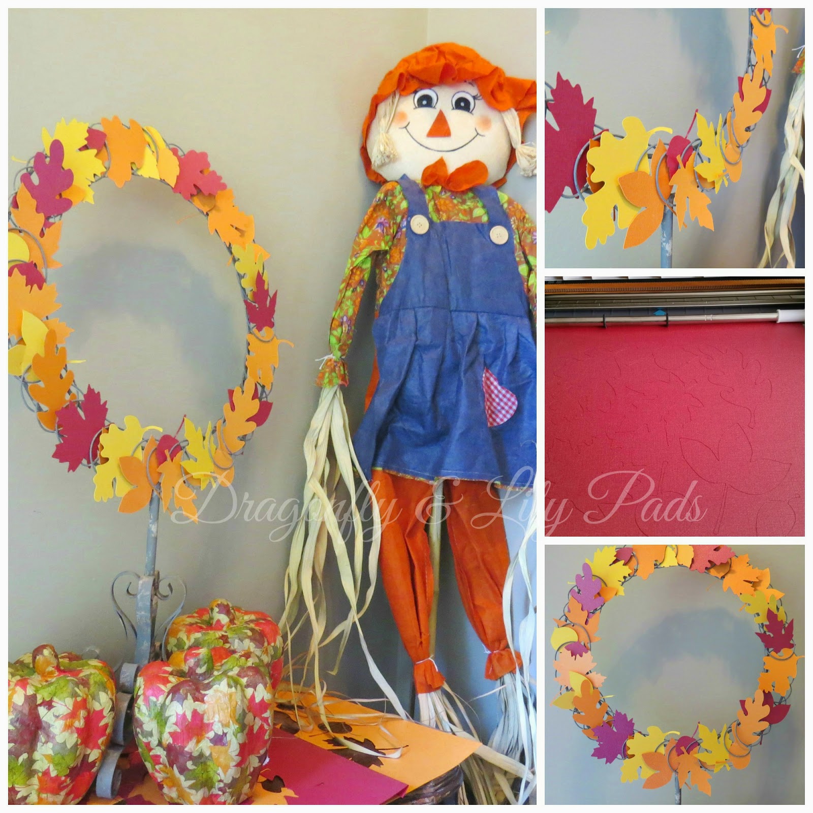 Collage, Silhouette Fall Wreath, Scarecrow, Silhouette Cameo machine cutting Red Bazzill card stock, close-up ppf Fall color leaf wreath