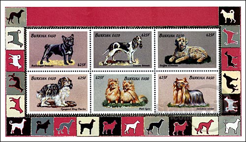 1999年ブルキナファソ　フレンチ・ブルドッグ　グリフォンなど6犬種の切手シート