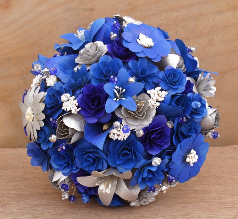 Royal Blue and Silver Wedding Bouquets Made of Wood and