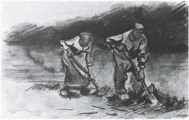 campesinos excavando, acuarela y tiza de vincent van gogh