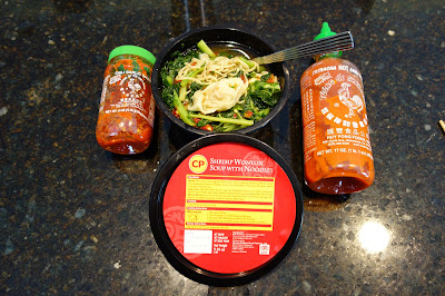 CP Shrimp Wonton Soup with Noodles bowl & Sriracha hot sauce