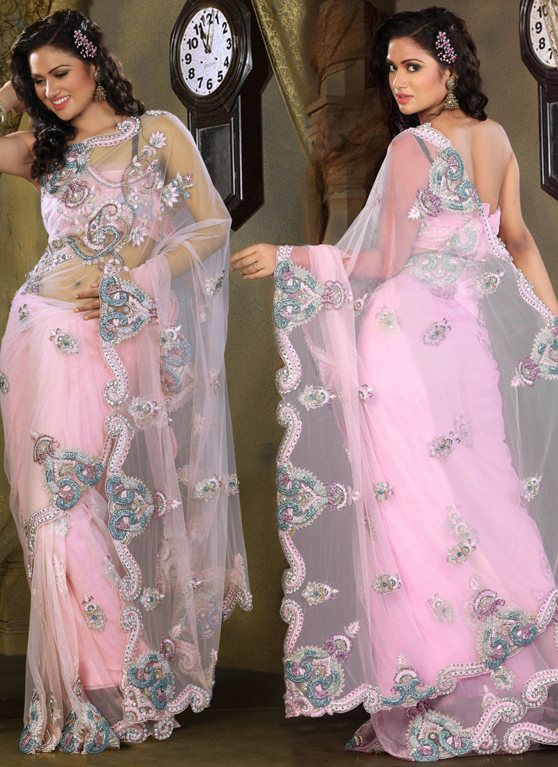 WHERE FASHION CREATED WITH PASSION Scalloped Patterned Pastel Net Saree