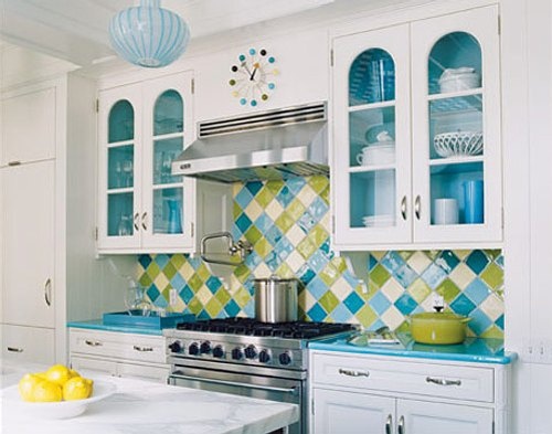 white and modern kitchen with teal and lime mosaic