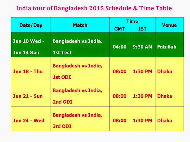 India tour of Bangladesh 2015 Schedule & Time Table,India Vs. Bangaldesh Series 2015,ind vs. Ban series fixture,India vs. Bangladesh 2015 schedule,India vs. Bangladesh 2015 time table,India vs. Bangladesh 2015 match timming,India vs. Bangladesh 2015 series,cricket,india in Bangaldesh,ODI,Bangladesh (Country),India (Country),ICC,cricket tournament,1 test,3 ODI,GMT,IST,date/day,match detail,india vs. bangaldesh series 2015,schedule,fixture,time table