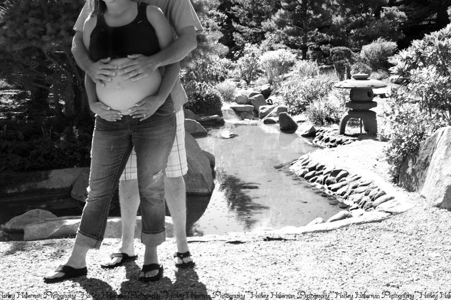 Baby boy on the way, Kaylene , Maternity Photographer Ellensburg WA, photo of parents holding baby bump in black and white in japanese garden