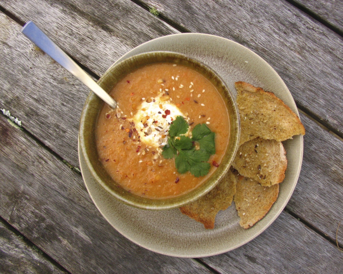 Toast Spiced Roast Carrot and Lentil Soup with Toasted Dukkah Flat Breads