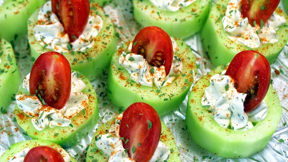 52 Ways to Cook Cucumber Bites with Herb Cream Cheese and Cherry