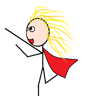 Blond haired, female stick figure with a red cape, arms in position to begin flight