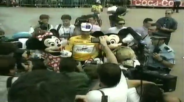 Miguel Indurain, winner of the 1994 Tour de France with Minnie and Mickey before the start Mickey, Minnie, Miguel Indurain