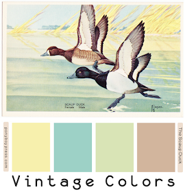 The Scaup Ducks pastel; color palette from vintage postcard - ponyboypress.com. Hex codes on the blog.