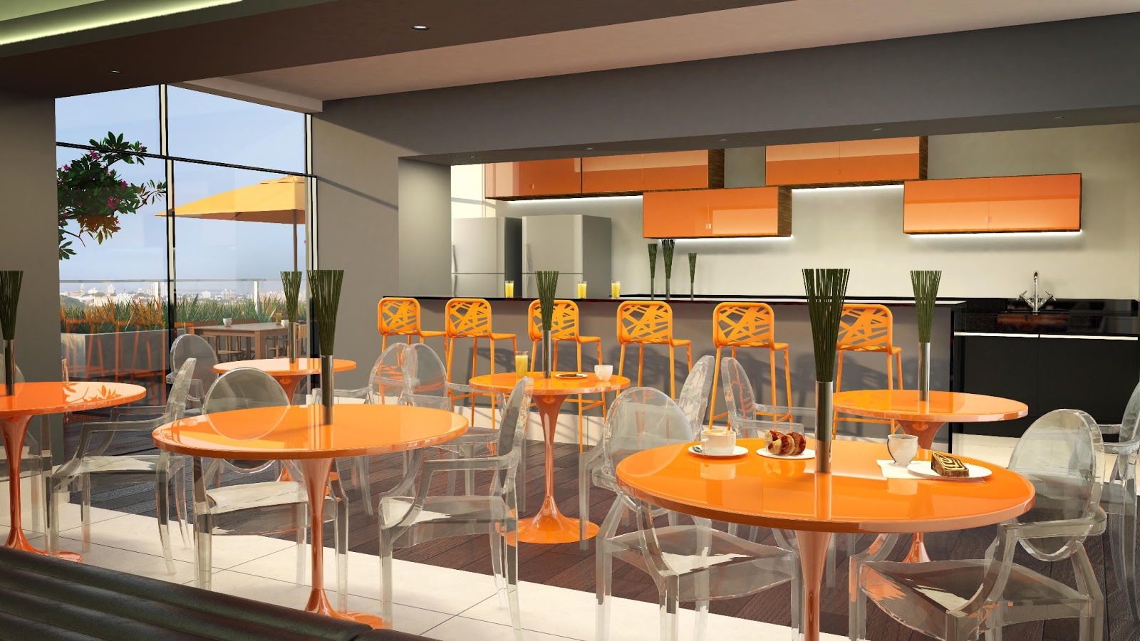 #C67D05 Perspectiva do espaço destinado a um café que será entregue ao 1600x900 px Projeto Cozinha De Lanchonete #2501 imagens