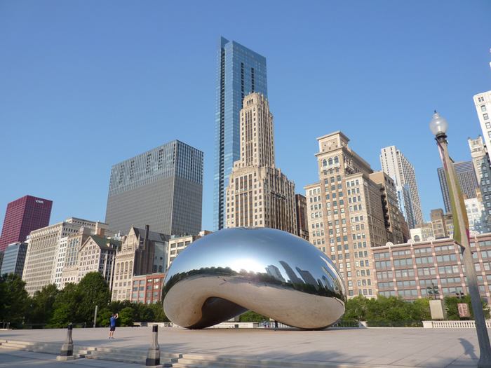 Cloud Gate, a public sculpture is the centerpiece of the AT&T Plaza in Millennium Park within the Loop community area of Chicago, Illinois, United States. The sculpture is nicknamed "The Bean" because of its bean-like shape. Made up of 168 stainless steel plates welded together, its highly polished exterior has no visible seams. 