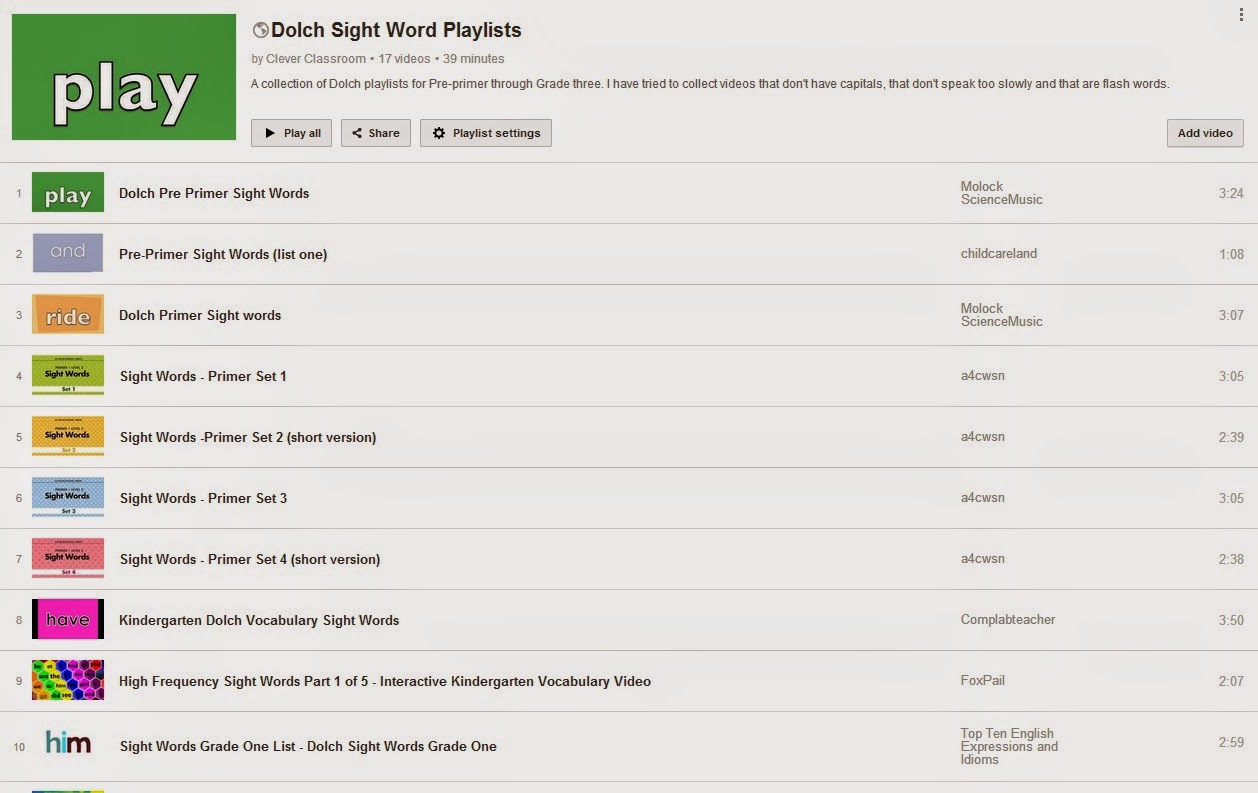 YouTube Dolch Words playlist via Clever Classroom YouTube Dolch Words playlist via Clever Classroom