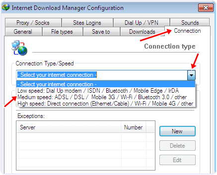 Idm connection type speed settings