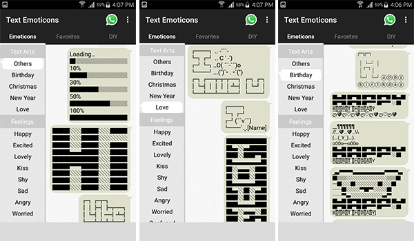 يوفر تطبيق Text Emoticons العديد من نصوص الرسوم التعبيرية