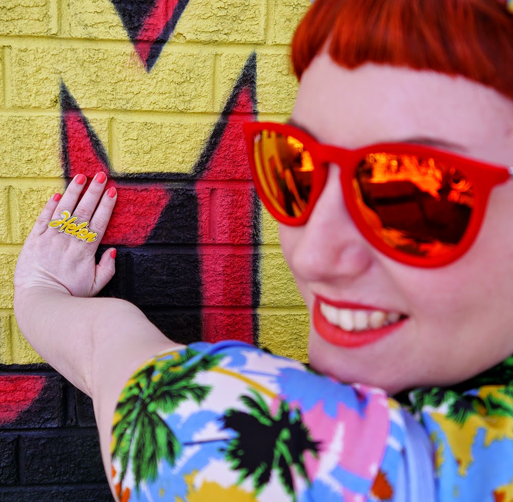 Scottish Blogger, Red Head, Ginger, Styled by Helen, Dundee, Amazing Spectacles, Graffiti, Tropical shirt, Luna on the Moon, Hair Slides, pom pom, Sun Glasses Shop, velvet sunglasses, rayban, Ray-Ban, Cheap Frills heart earrings, bright outfit, summer outfit, summer style, Abandon Ship, Kewpie tote bag, Rock Cakes brooch, Bonnie Bling name ring